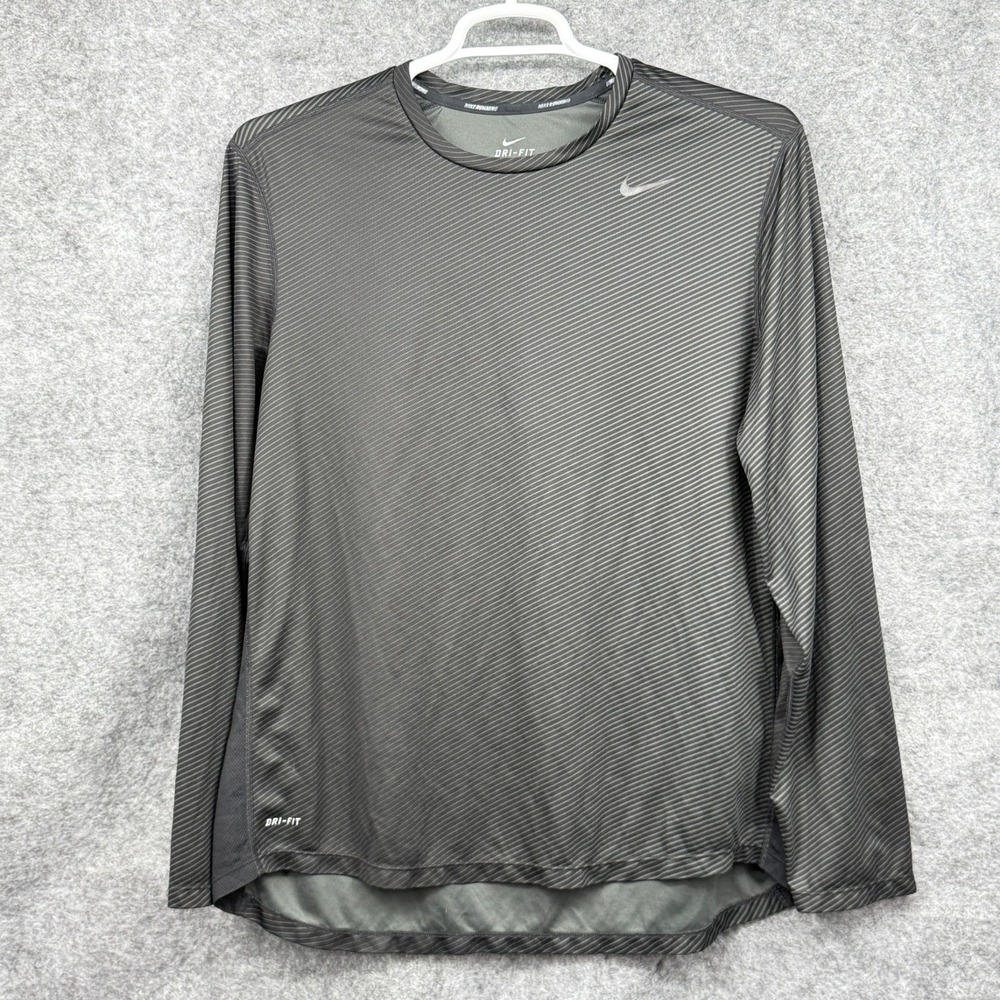 Nike Dri-Fit Mens Running Long-Sleeve Shirt‎ XL Dark Gray Black Striped